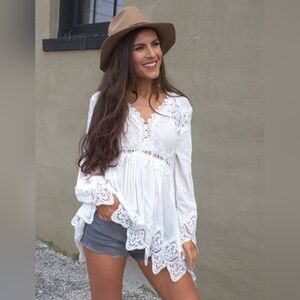 POL. White Long Sleeve Asymmetrical Blouse with Ruffled Details. Small. EUC.